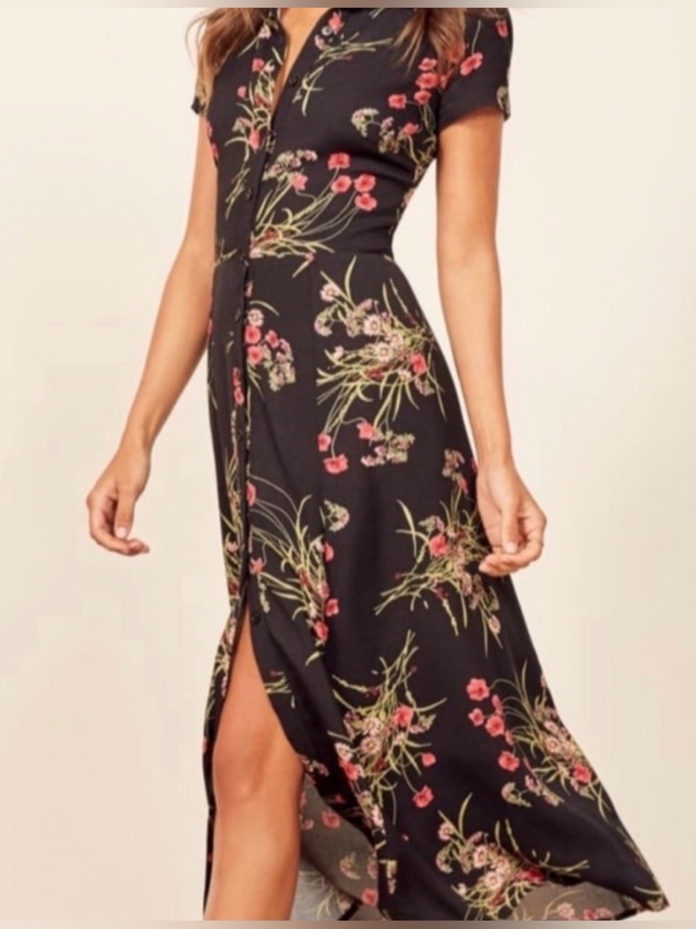 Reformation Wilma  Black Floral Button-Front  Dress 0